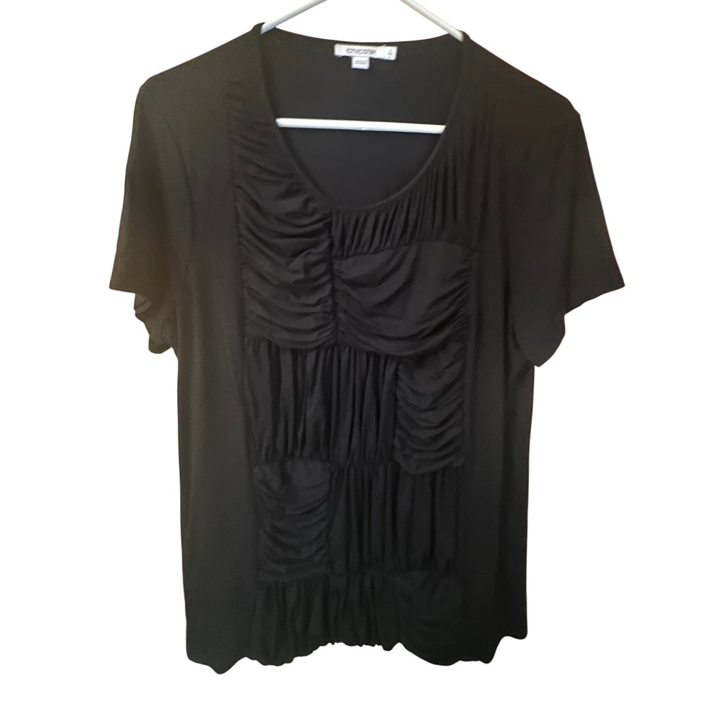 Chicos Womens Black Short Sleeve V Neck Ruched Front Tunic Top‎ Size 2 (Large)
